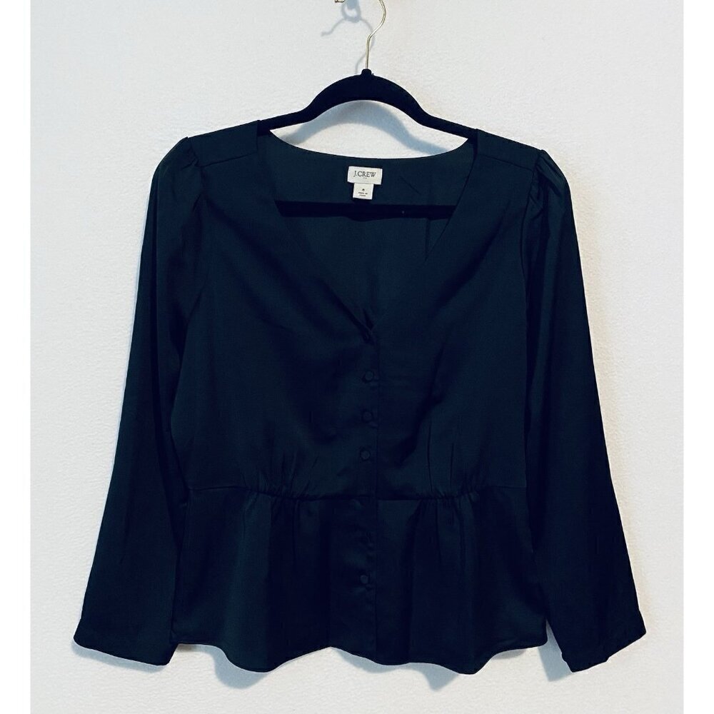 J Crew Top Womens 6 Black Satin V Neck Long Sleeve Ruffle Hem Whimsigoth Witchy